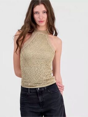 GUESS Crochet Halter Tank Top in Beige